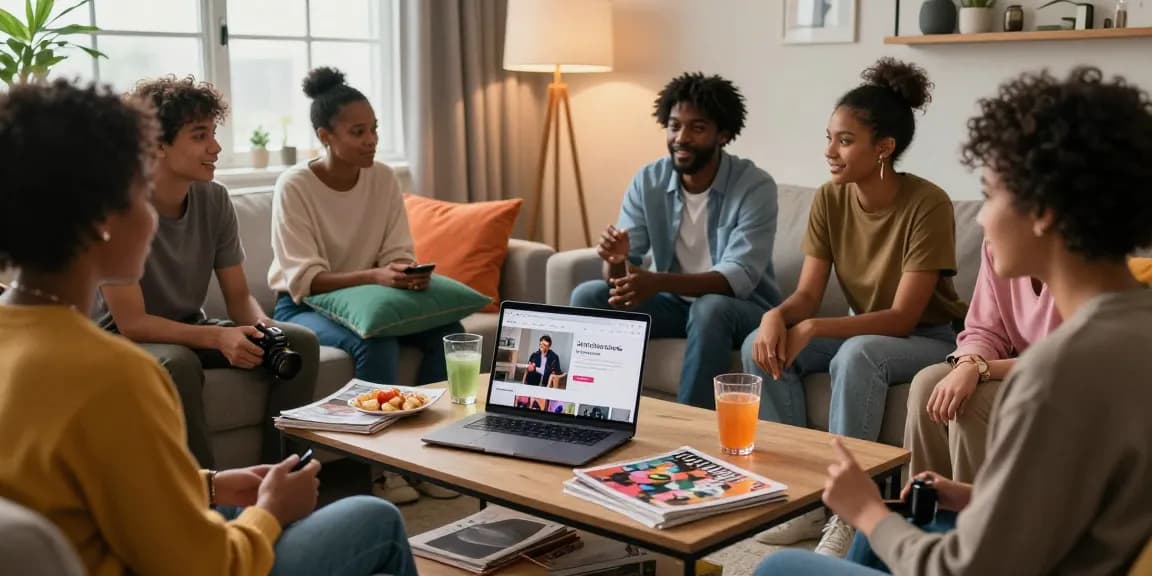 Engaging casual scene discussing erome leaks in a cozy living room with friends and online content.
