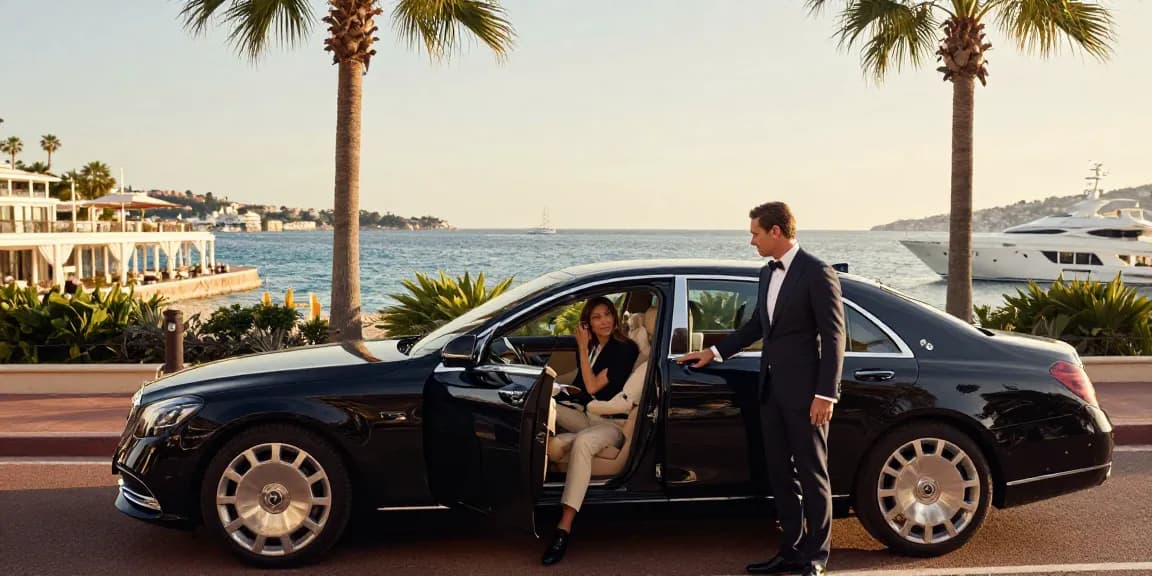 Transfert privé Nice Cannes avec un chauffeur élégant ouvrant la porte d'une berline Mercedes pour un couple sur la Côte d'Azur.