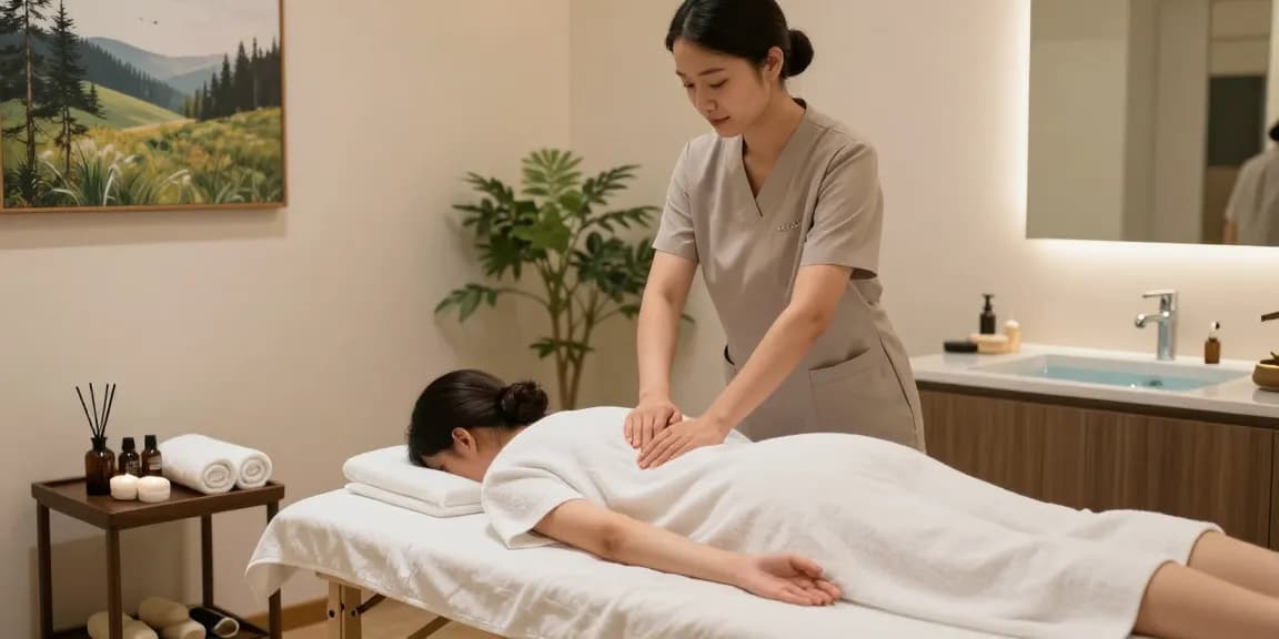 스웨디시 마사지 중인 전문가와 고객의 모습, 현대적이고 아늑한 마사지 스튜디오 환경