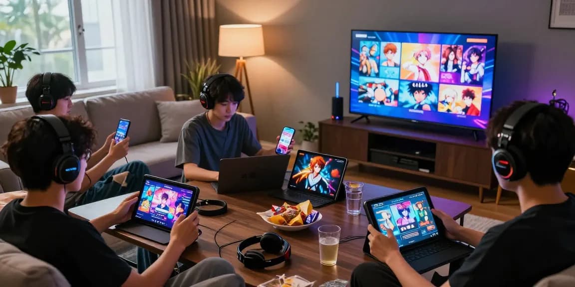 Players exploring hentaigame titles in a cozy living room, showcasing diverse devices and engaging narratives.