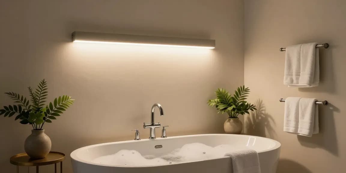 Aplica baie modernă cu iluminare LED și cadă elegantă umplută cu bule