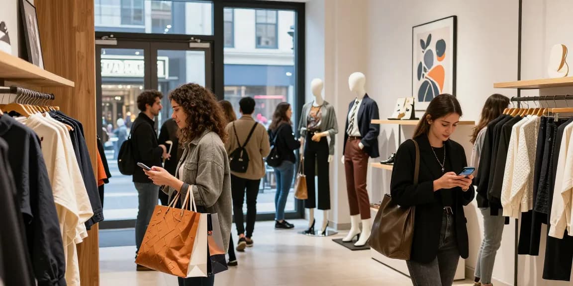 Urban shopping experience showcasing diverse friends at https://forumup.org/shop/search.php?ca_id=&addr1=&addr2=&addr3=&schKeyword store filled with trendy fashion.