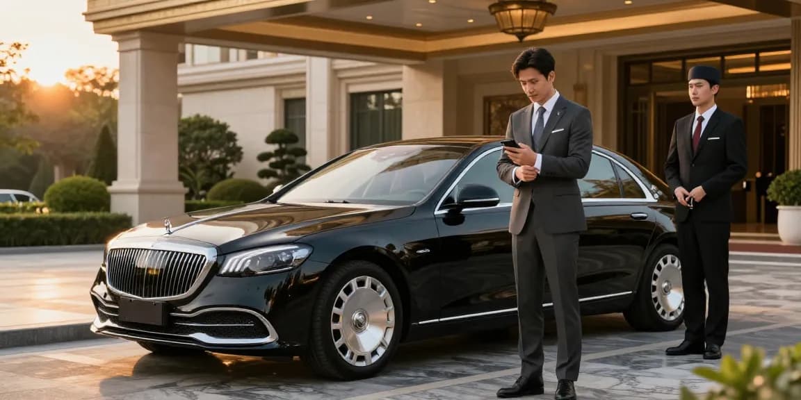 Pengalaman sewaan mobil mewah LUXURY 777 dengan sedan elegan di depan hotel mewah.