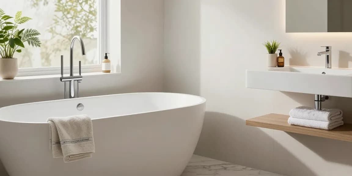 KKR solid surface freestanding bathtub and wall basin in modern bathroom design highlighting elegance and hygiene.