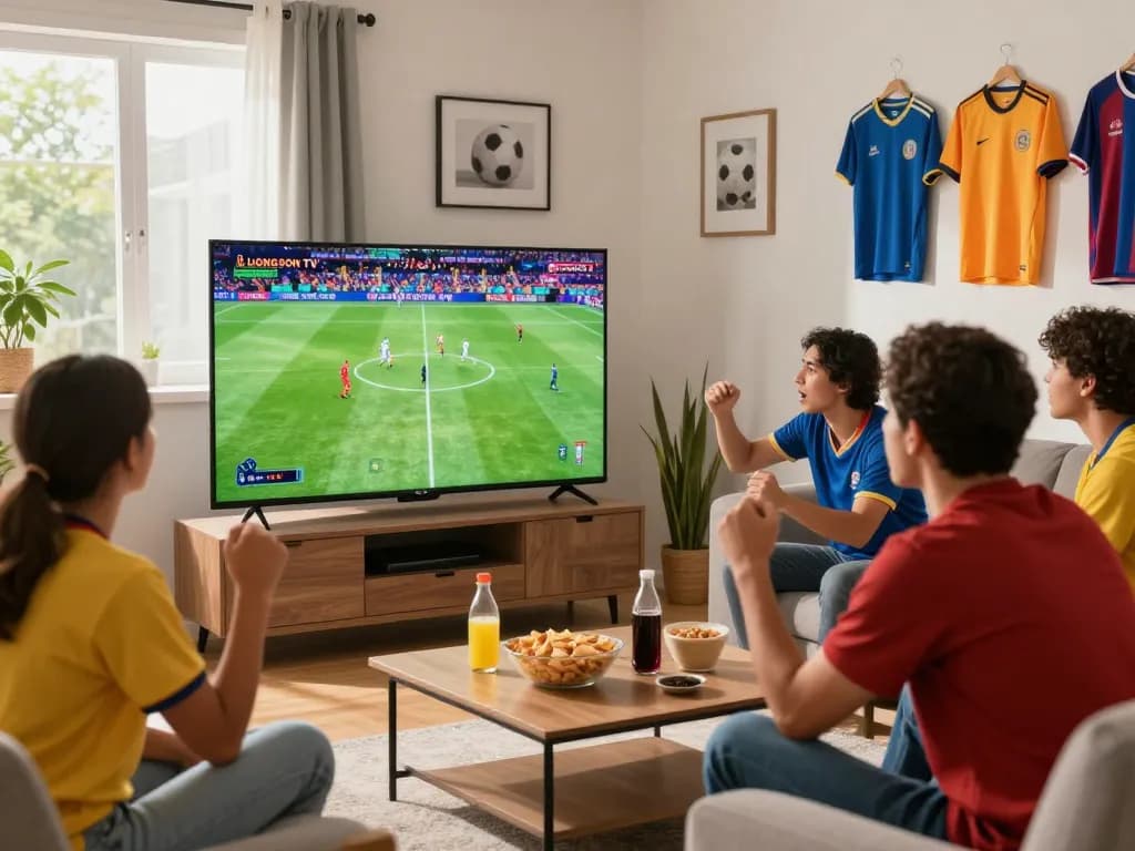 Viewers enjoying LuongSon TV football live stream in a lively living room.