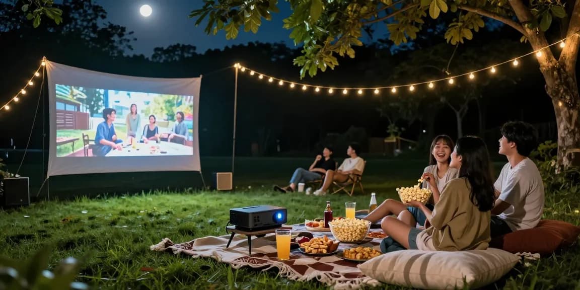 Outdoor movie night setup with friends enjoying entertainment at https://av66th.com/ under fairy lights.