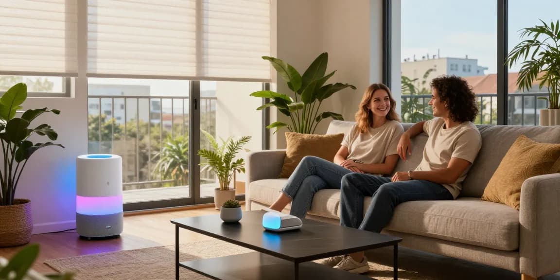 Cozy living room with IKEA smart home products, couple interacting with smart speaker, and LED lights.