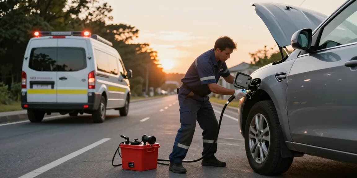 Wrong fuel in car being drained by a technician at sunset, illustrating emergency fuel recovery service.