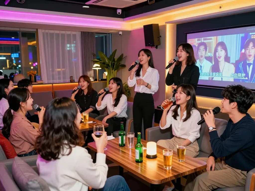 스타일리시한 룸 살롱에서 손님들이 노래하고 음료를 즐기는 3no.org/bupyeong의 매력적인 밤문화.