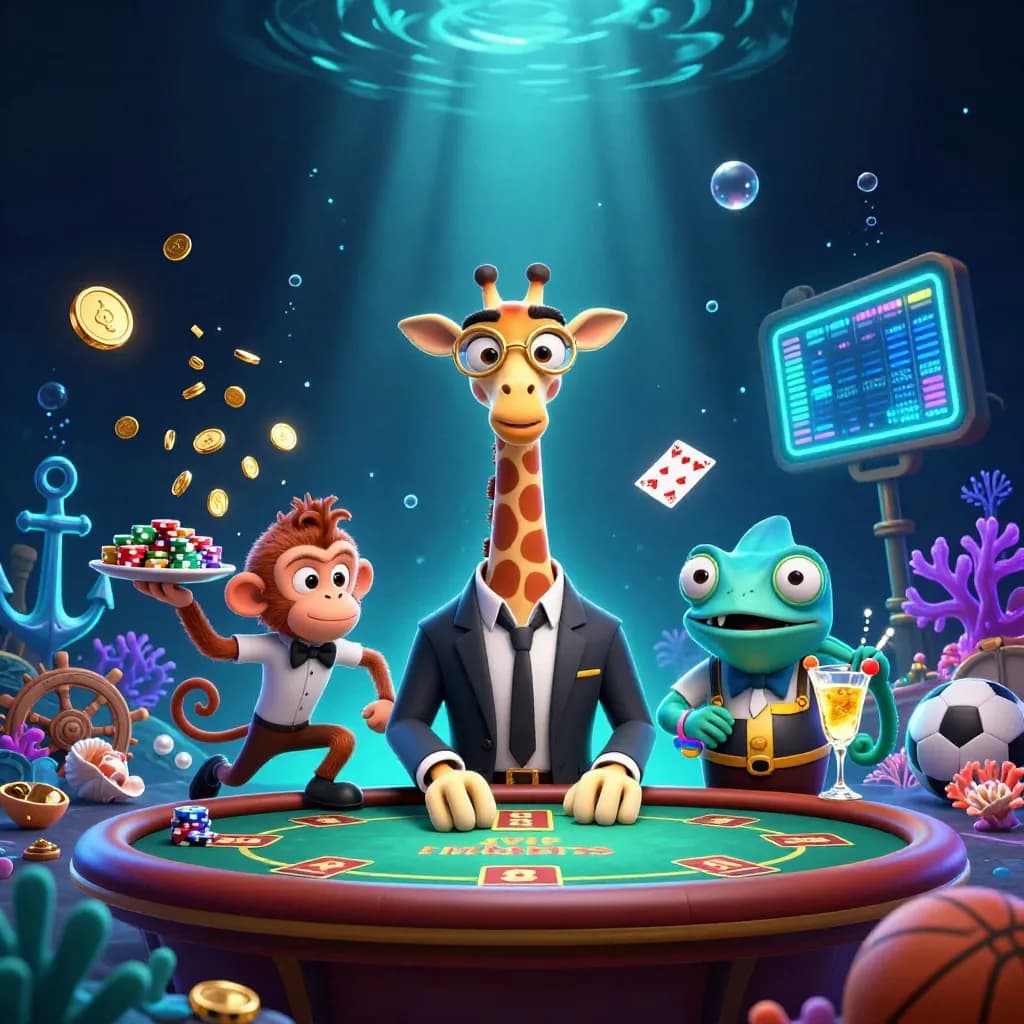 Giraffe, monkey, and chameleon in a glowing underwater treasure casino with gold and neon green accents.