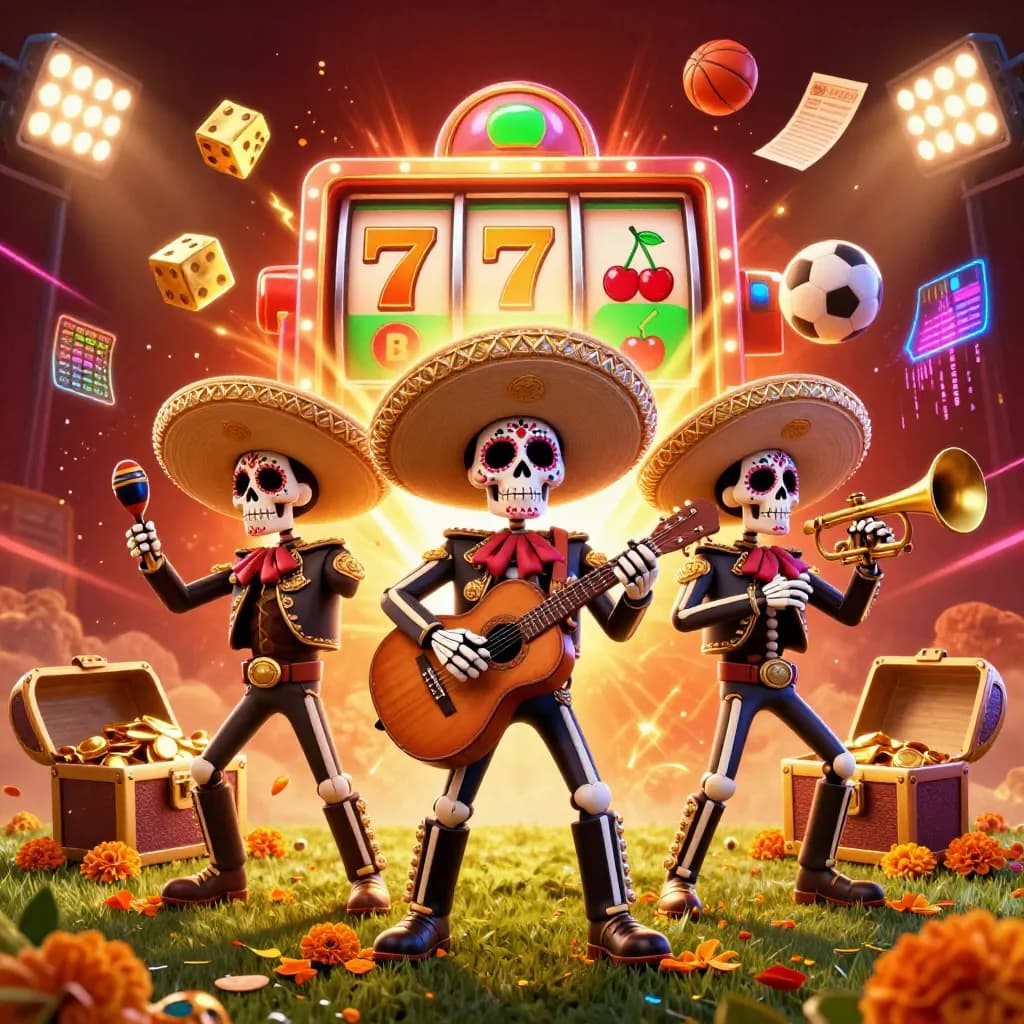 Skeleton mariachi trio amid slots, sports balls, gold, and neon casino bursts.