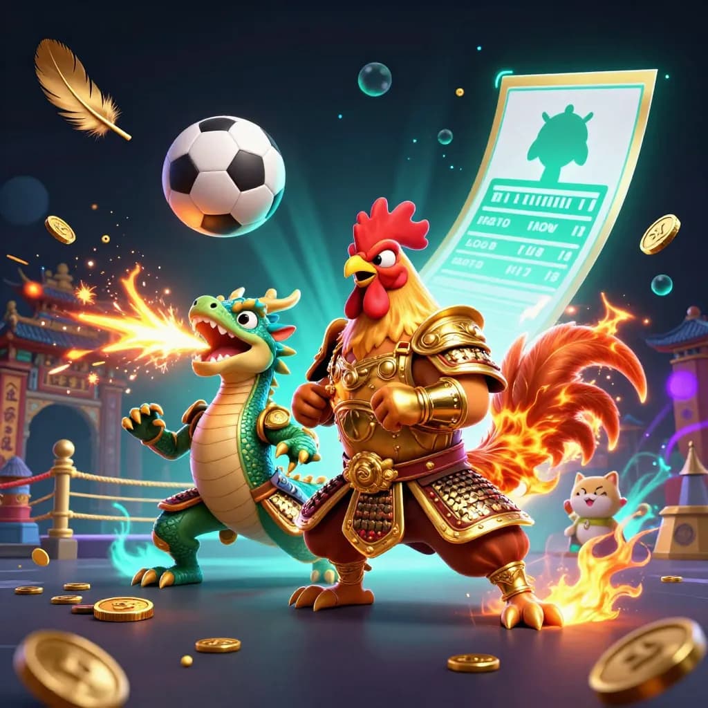 Rooster samurai, dragon hatchling, and fortune cat amid flying balls, sparks, coins, and temple lights.