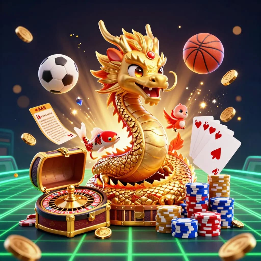 Golden dragon, phoenix and koi amid casino chips, cards and flying sports balls on a neon grid.