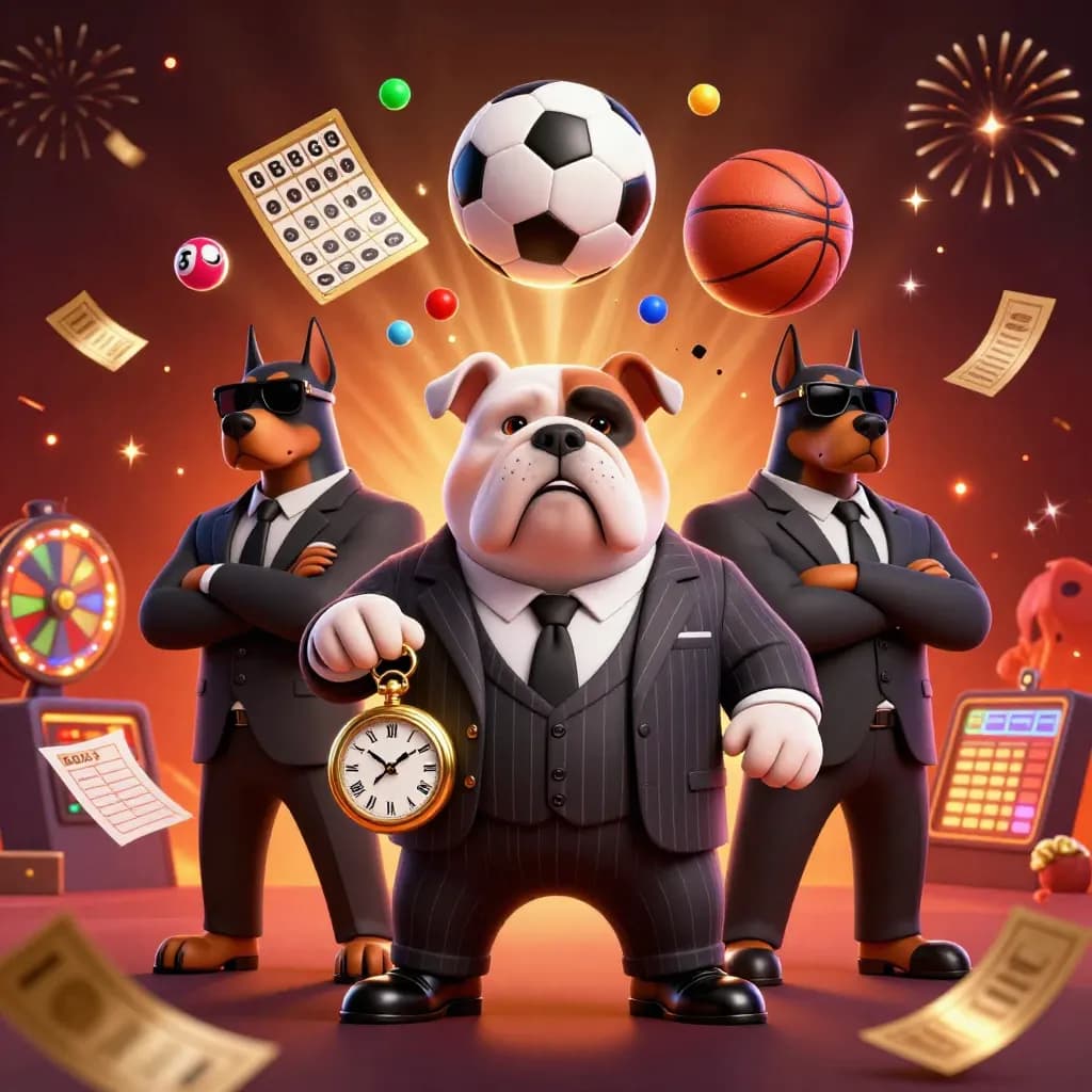 Bulldog boss and Doberman guards amid flying lottery balls, tickets and casino sparks.