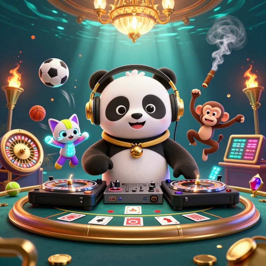 Panda DJ, monkey and glow-stick kitten in a neon casino with balls, trophy and roulette wheel.