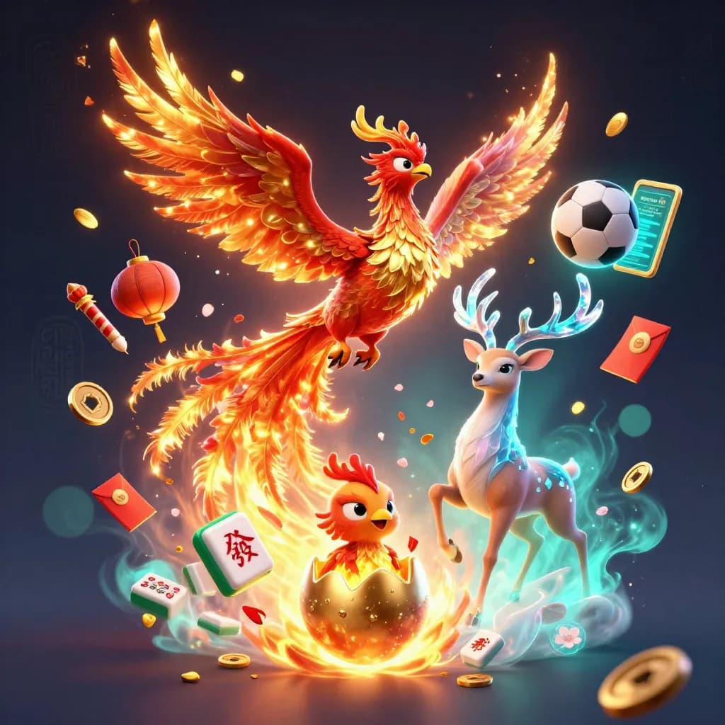 Phoenix, stag and baby phoenix burst through sports balls, coins and lanterns in neon casino light.