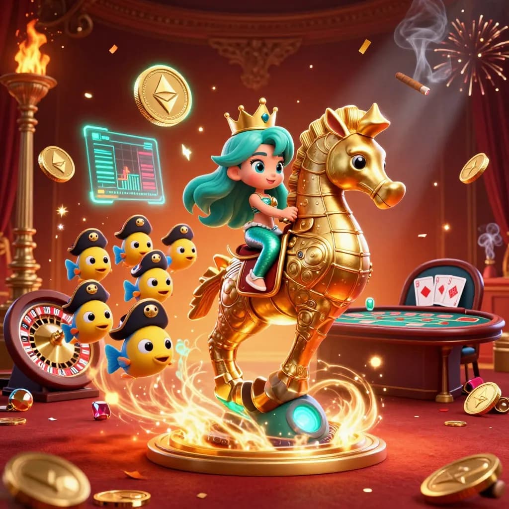 Mermaid princess on a golden seahorse amid casino glow, coins, neon effects, and pirate-fish swarm.