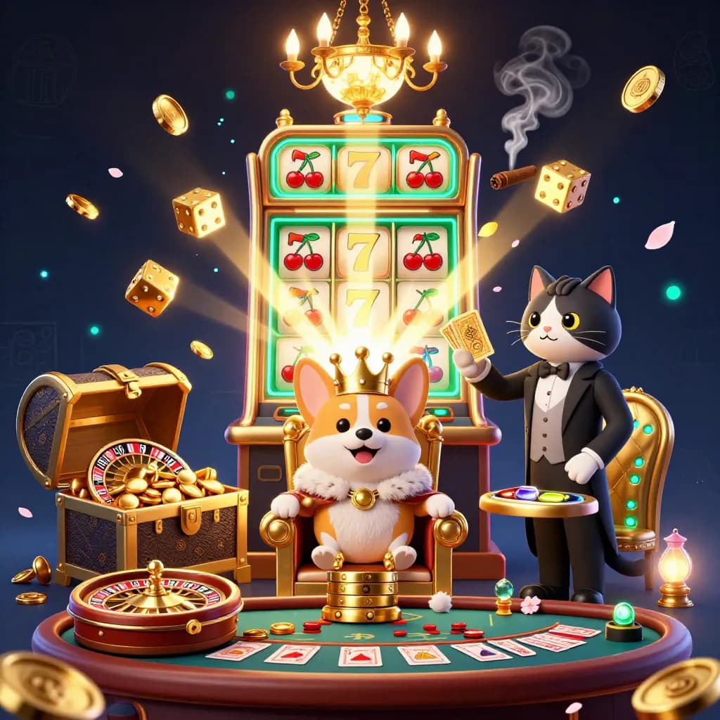 Royal corgi and cat butler amid casino magic, slot burst, gold, neon glow, luxury lounge