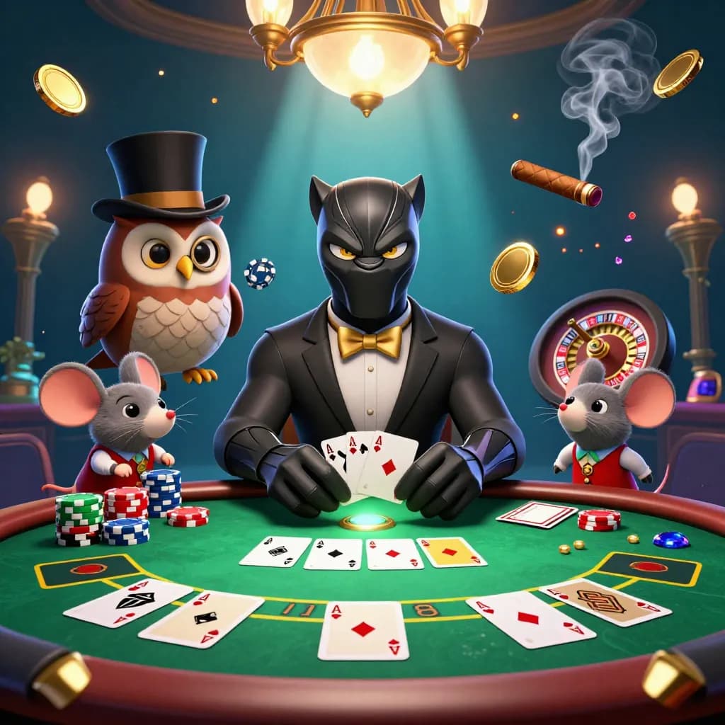 Panther, owl, and mouse at a luxe casino table with chips, cards, brass, and glowing lights.
