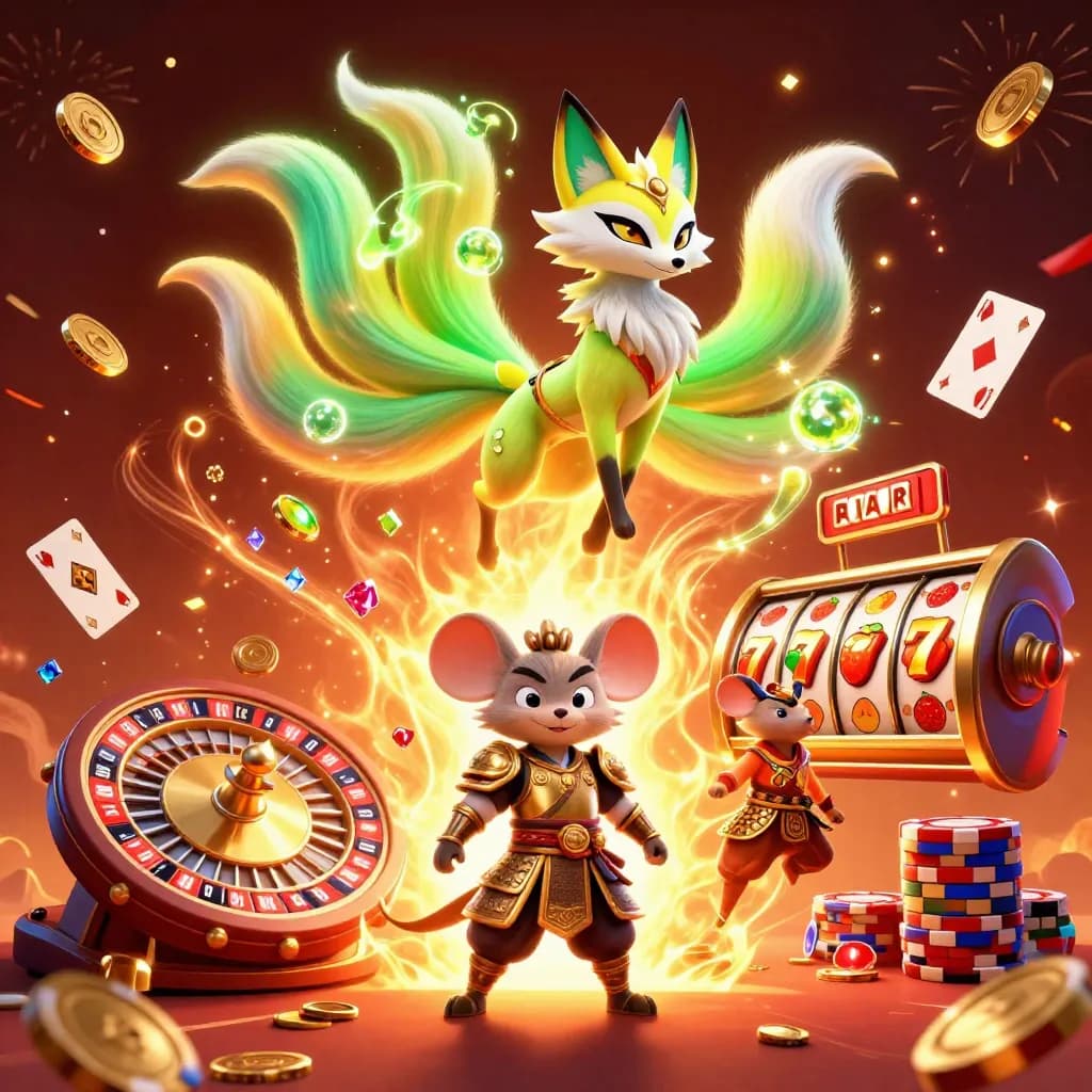 Nine-tailed fox spirit and golden samurai mouse amid coins, gems, cards, chips, and casino fire glow.