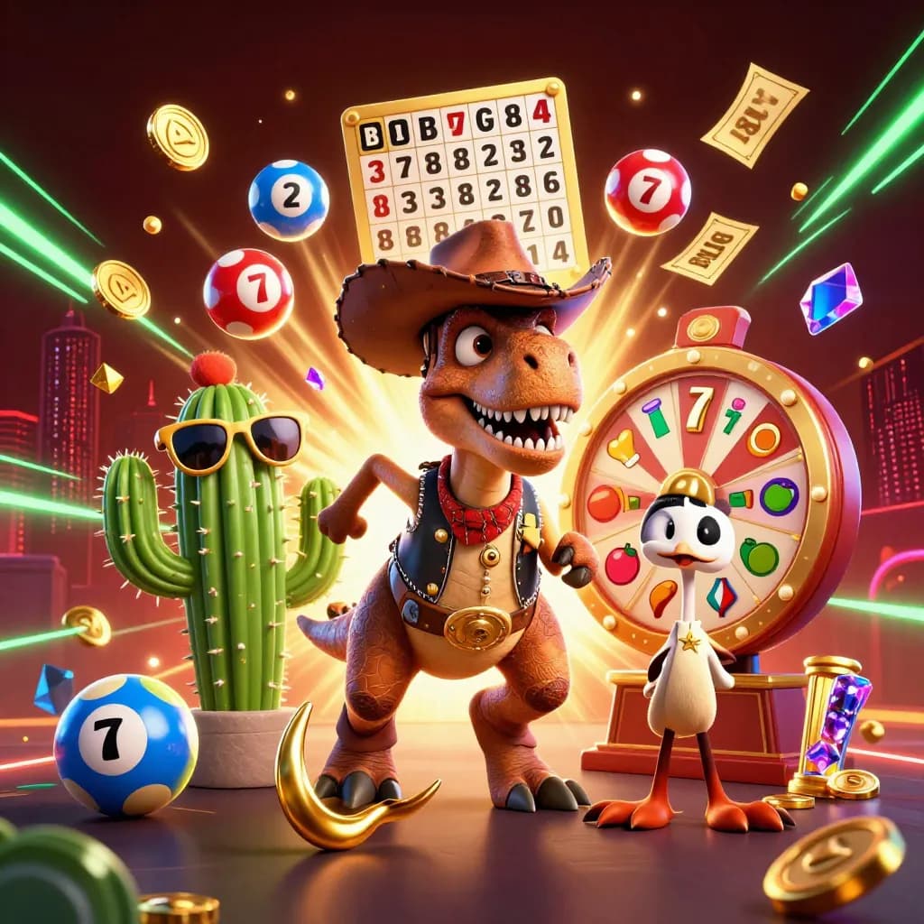 Cowboy T-Rex, cactus sidekick and sheriff roadrunner amid neon casino treasure burst