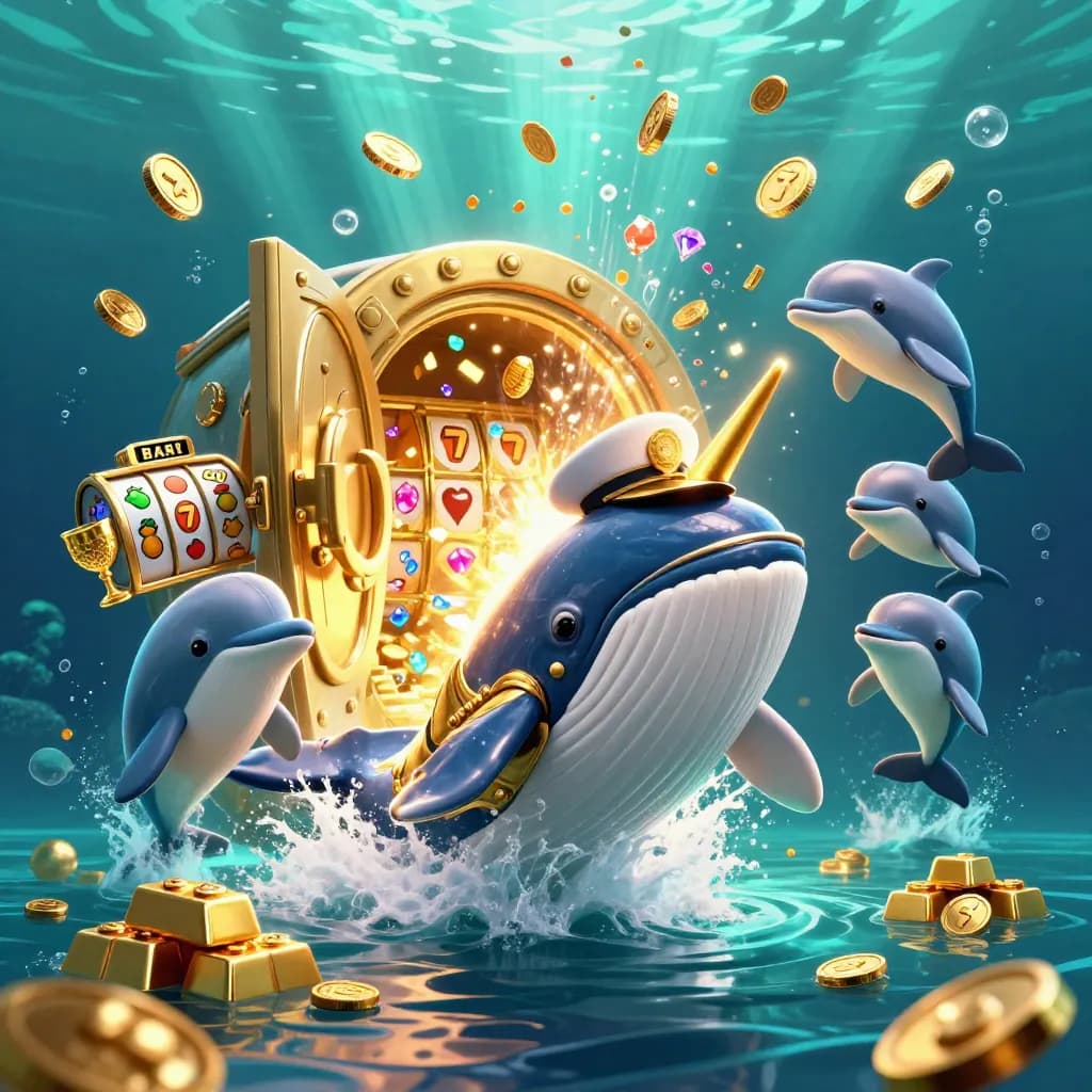Whale captain, narwhal and dolphins burst through coins and a treasure vault underwater.