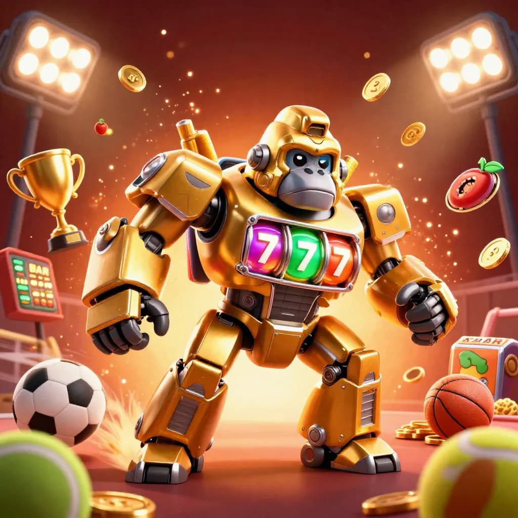 Golden gorilla mech with monkey pilot amid coins, balls, trophies and neon casino effects