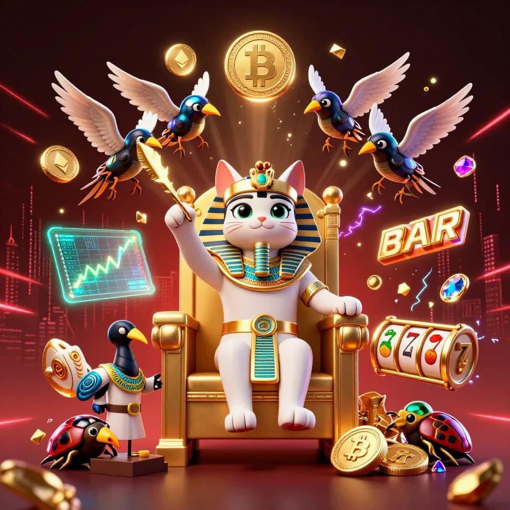 Pharaoh cat, ibis scribe, and gem-wing scarabs amid neon casino treasure and coins