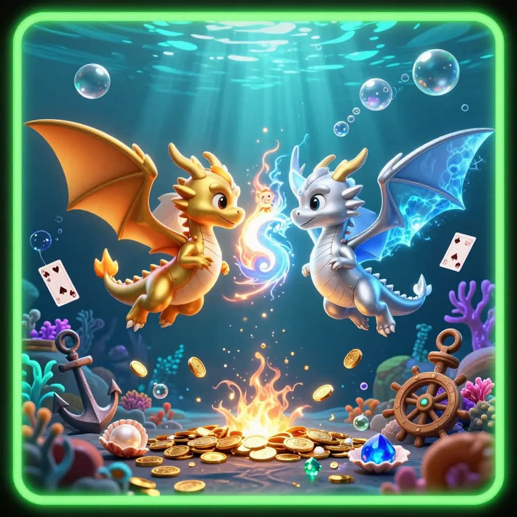 Gold and silver dragons clash in fire and ice above a treasure-filled underwater cove.