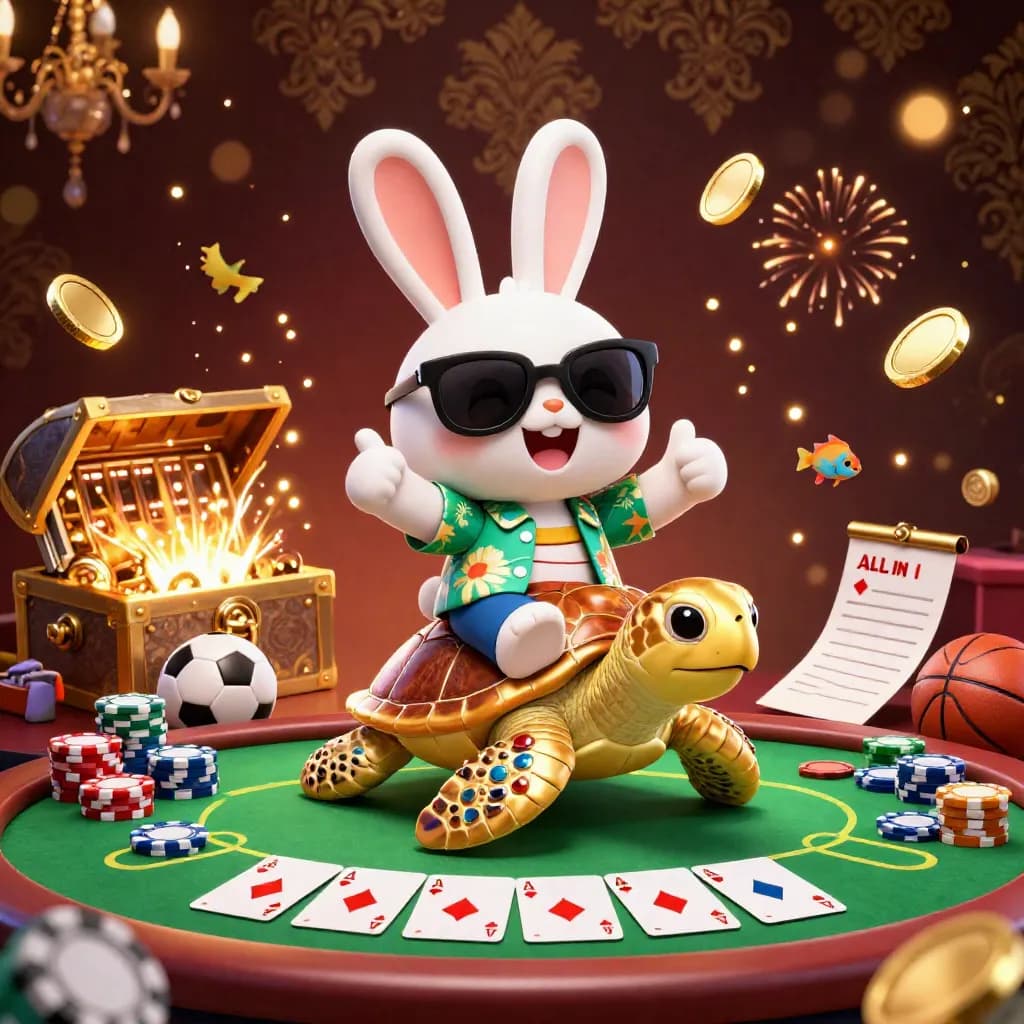Lucky rabbit on golden turtle amid poker chips, coins, sports props, and fireworks