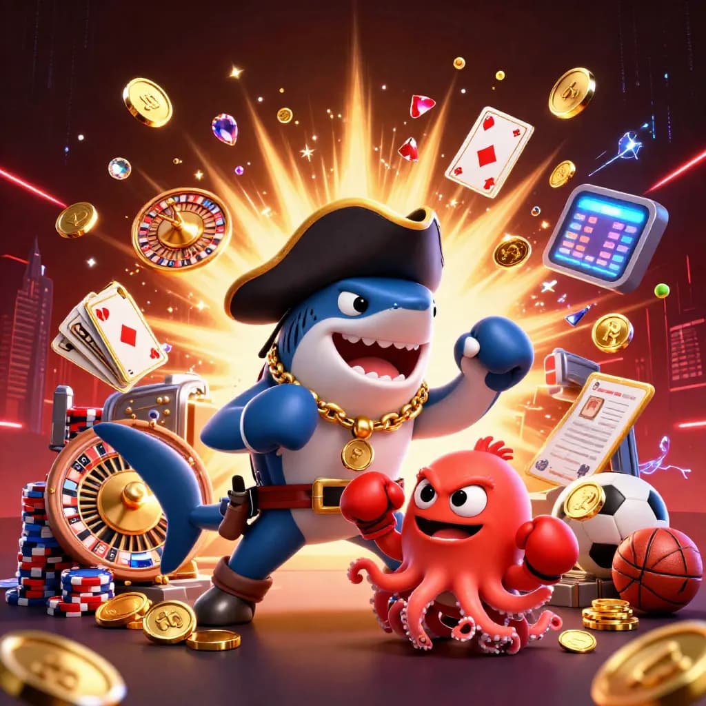 Pirate shark, pufferfish, and octopus amid exploding coins, gems, roulette, chips, and sports icons