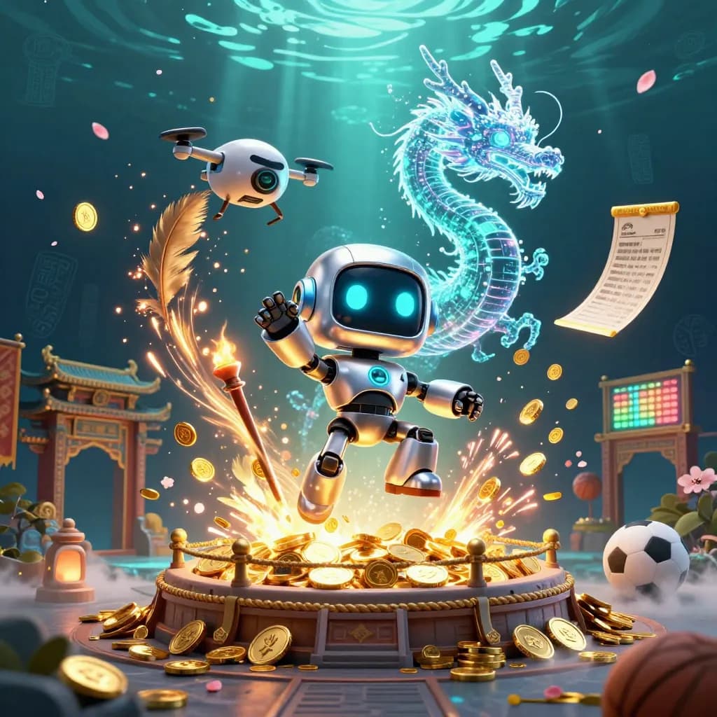 Robot mascot, holographic dragon, and drone amid coins, temple gate, fireworks, and sports props.