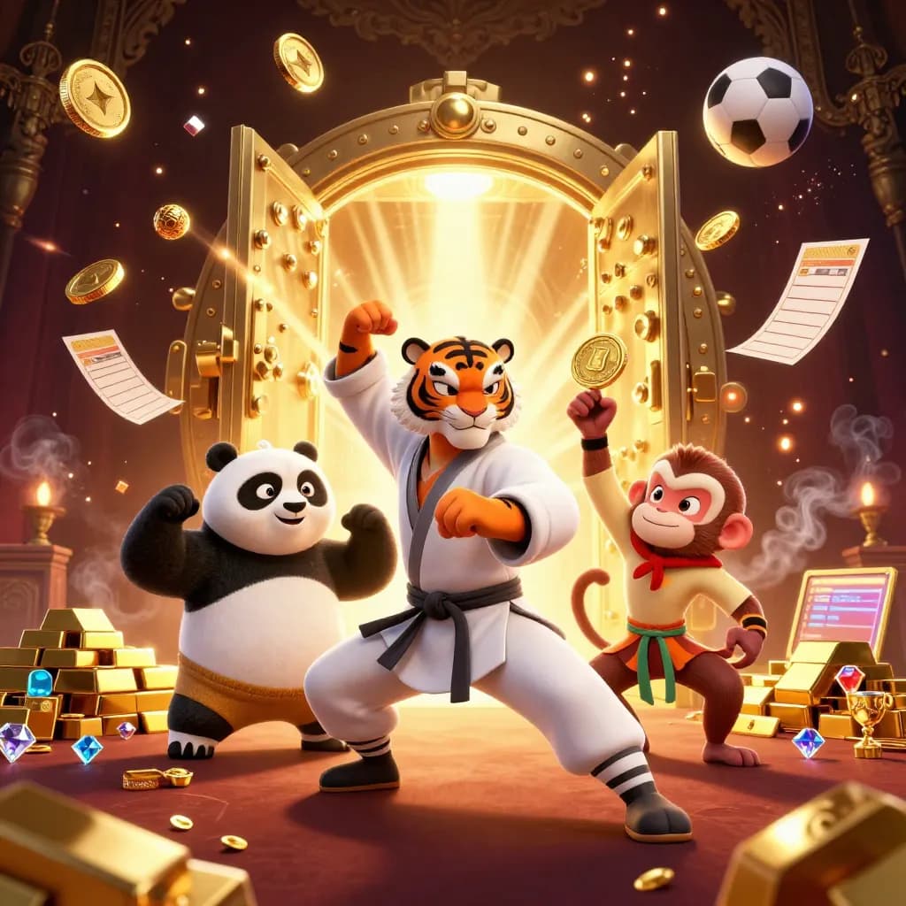 Kung-fu tiger, panda and monkey amid a bursting vault and gold casino riches.