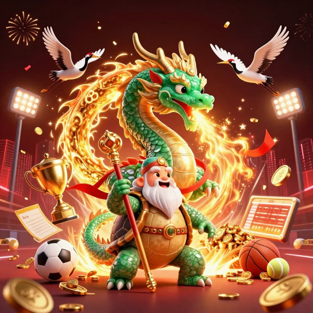 Dragon, turtle sage and cranes amid coins, sports balls, trophy, fireworks and a glowing skyline.