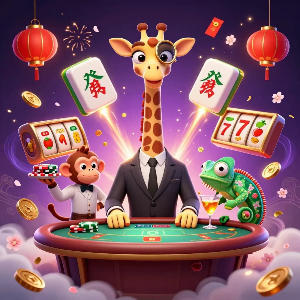 Giraffe, monkey, and chameleon in a neon casino scene with coins, lanterns, and glowing effects.