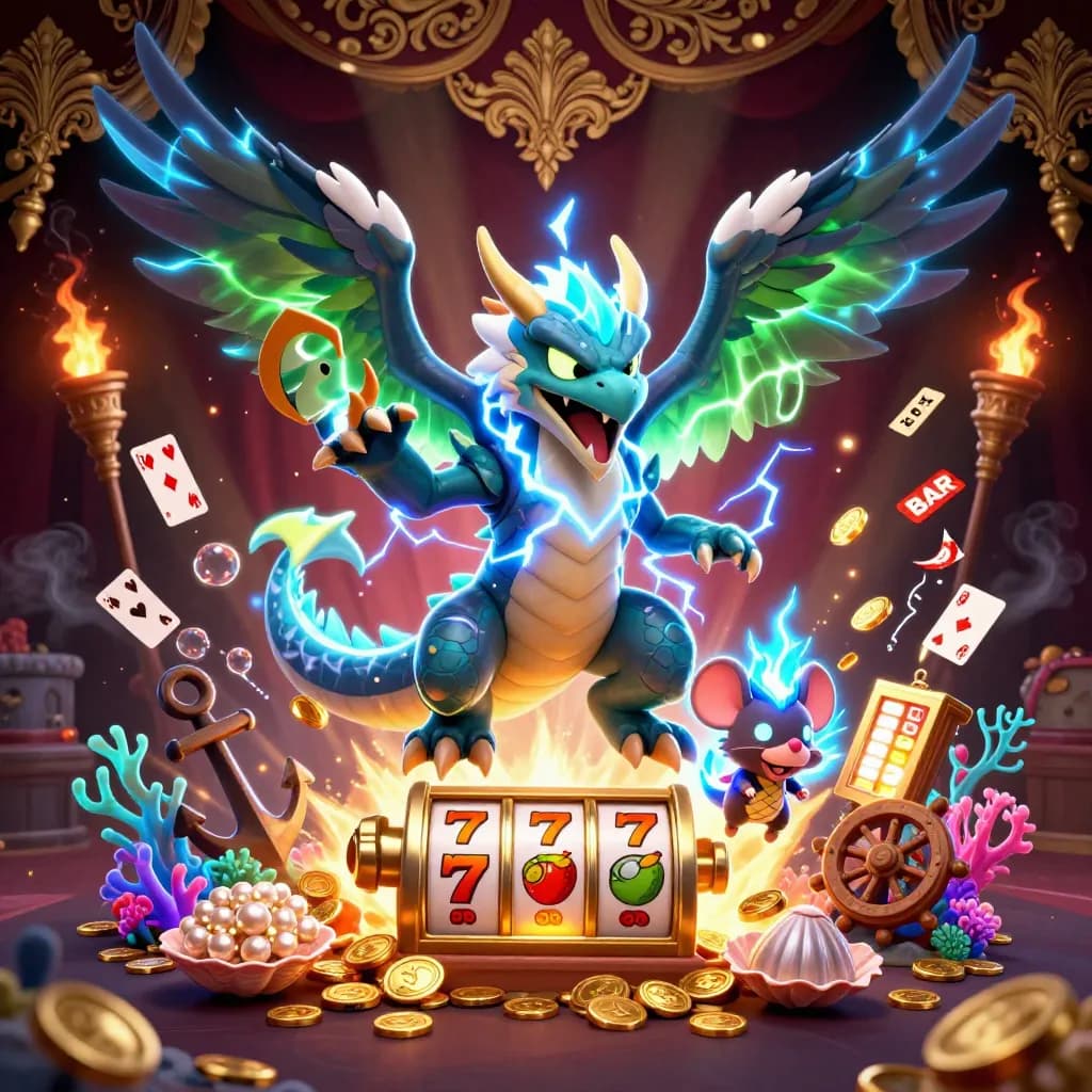Thunder dragon, wind hawk, and static mouse amid a treasure-cove casino fantasy