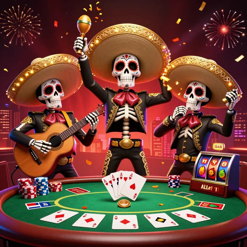 Three skeleton mariachi heroes amid poker chips, aces, slot reels, and neon casino effects