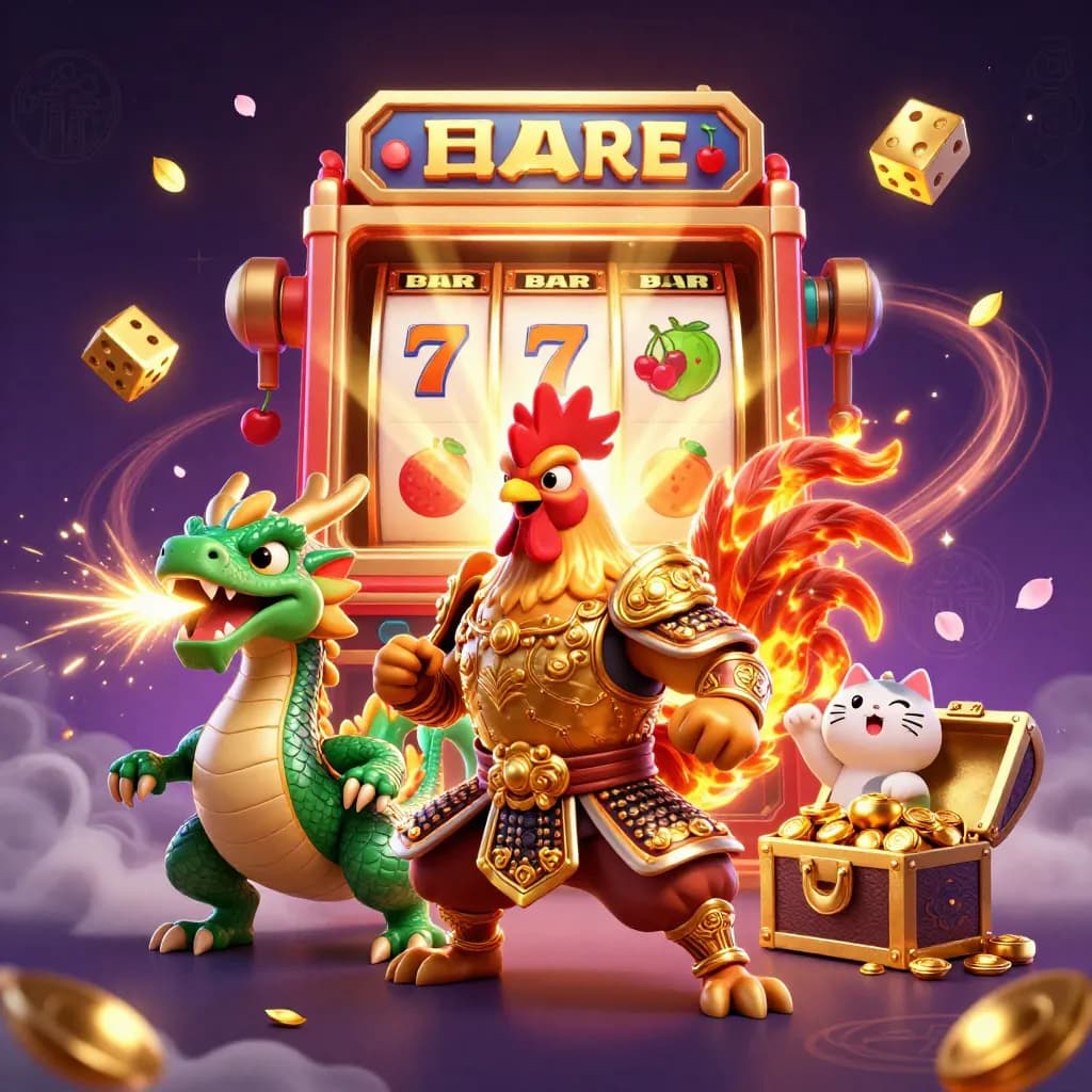 Rooster samurai, spark-breathing dragon hatchling and cheering fortune cat amid jackpots and gold.