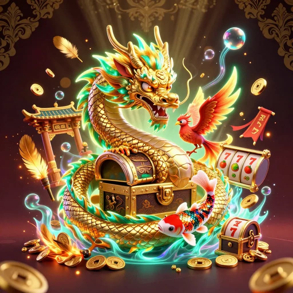 Golden dragon with phoenix and koi amid coins, reels, temple gate and neon casino glow.