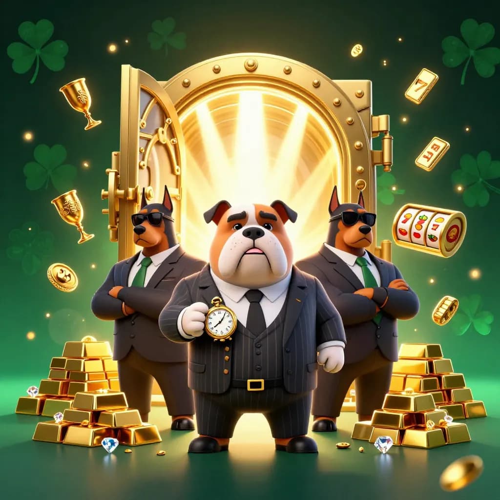 Bulldog boss and Doberman guards burst from a vault with gold, gems and slot reels in neon green and gold.