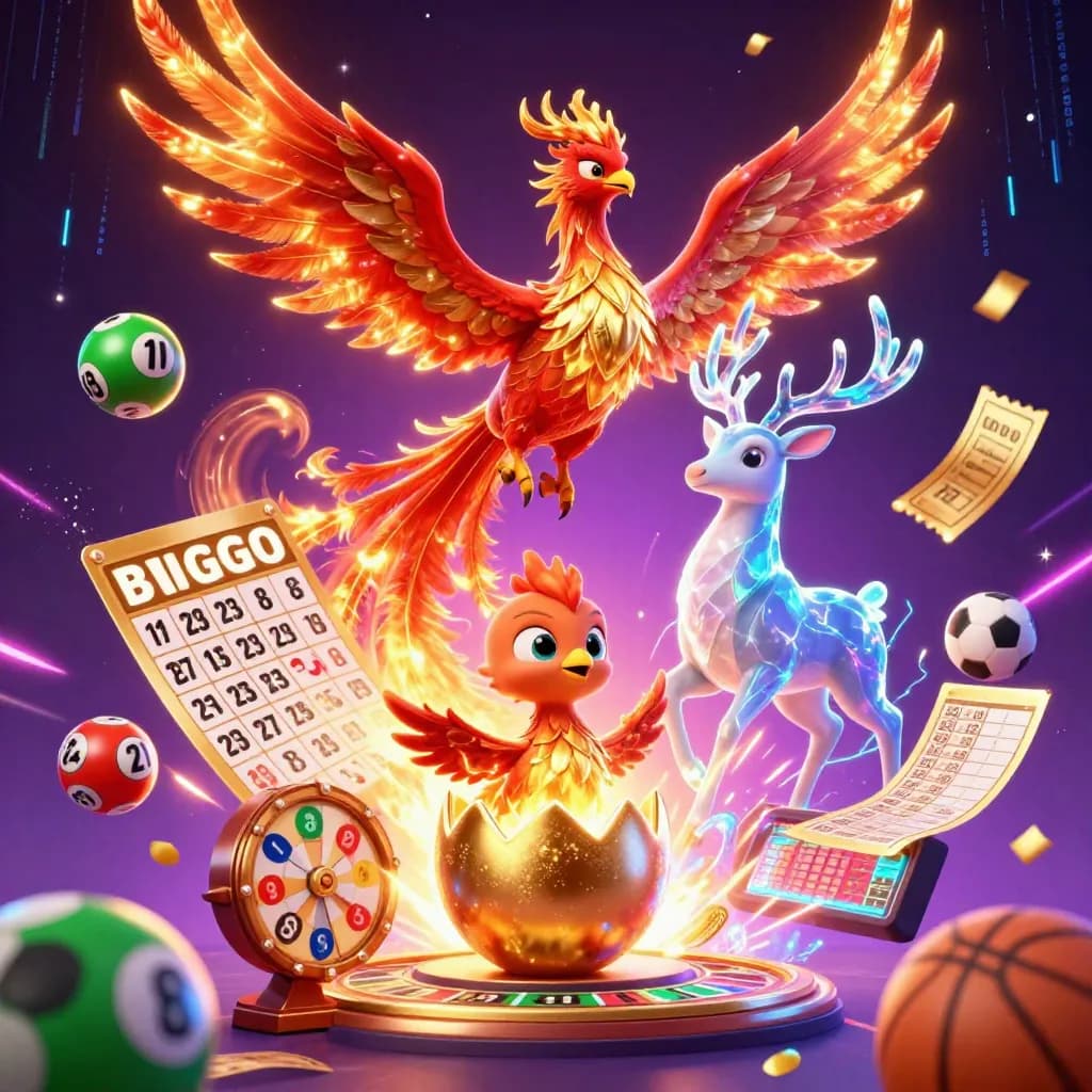 Phoenix, hatching egg, and crystal stag amid casino rewards and neon energy.