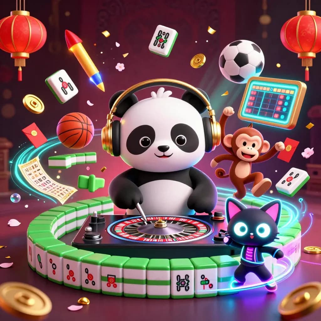 3D panda DJ, breakdancing monkey and glow-stick kitten amid neon casino luck and gold sparks