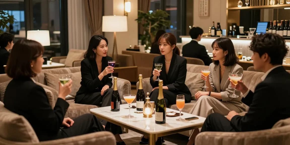 강남블랜딩에서 고급스러운 분위기 속 친구들과 즐거운 대화를 나누는 장면