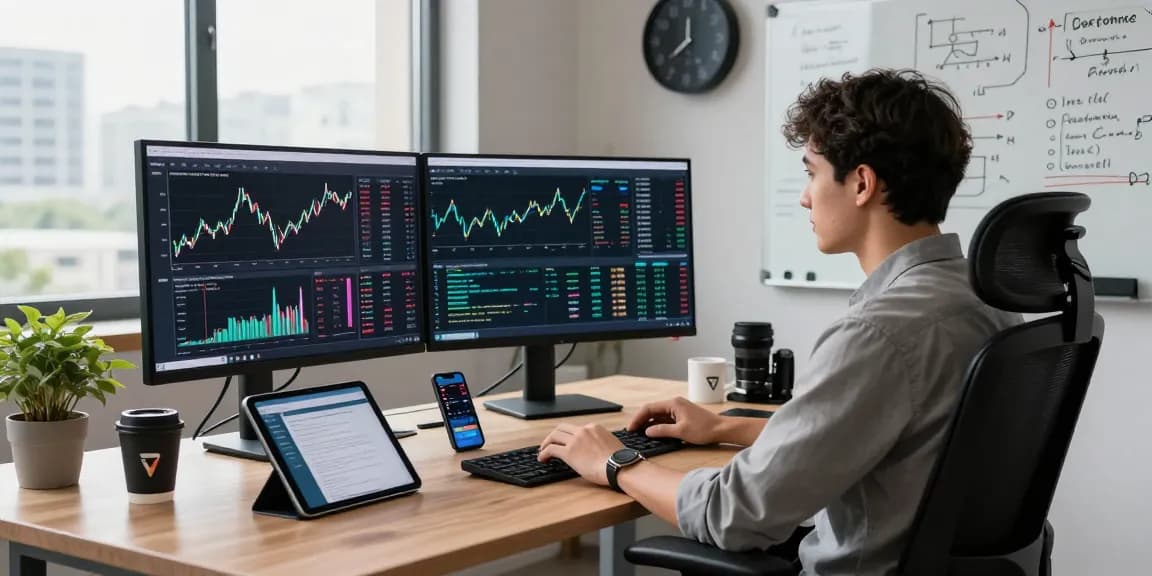 Developer analyzing a multi-exchange data interface in a modern workspace with real-time financial analytics.