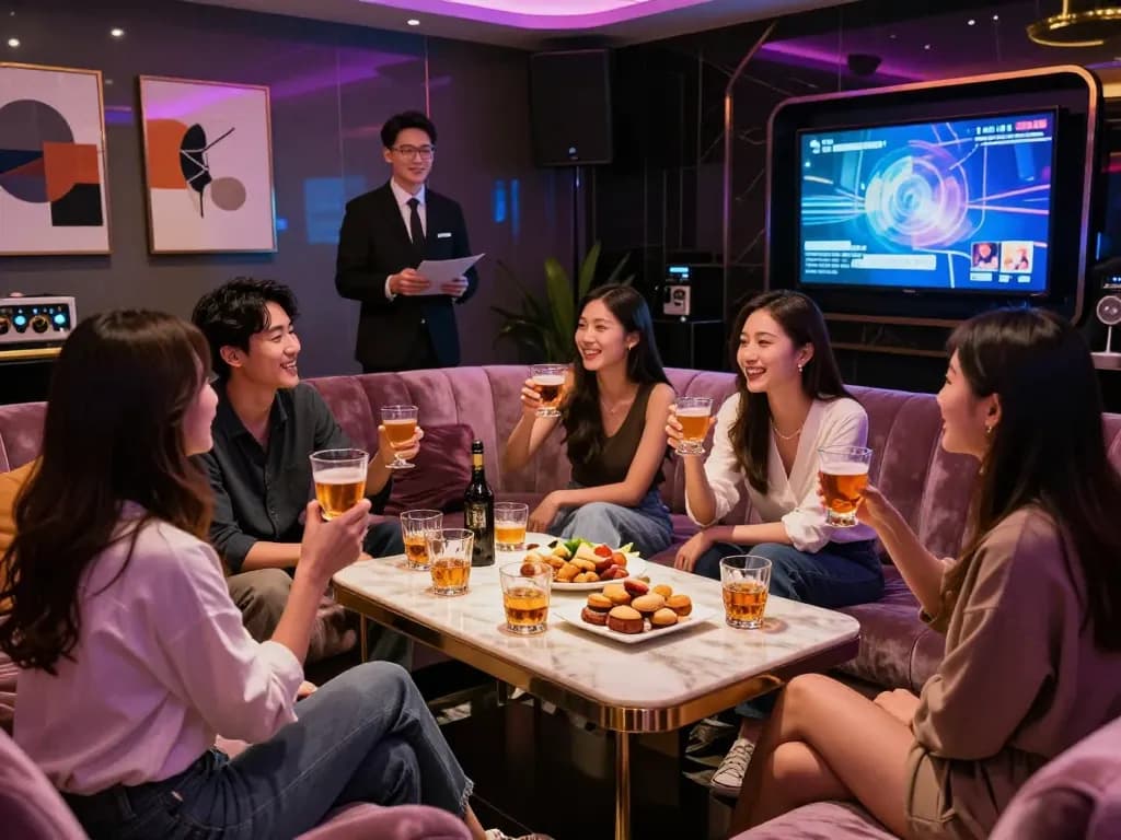 친구들과 함께 럭셔리 음료와 생기 있는 장식이 있는 강남가라오케의 역동적인 분위기를 경험하세요.