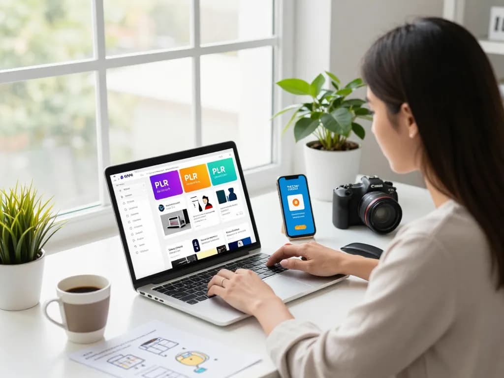 PLR Digital Products for Sale displayed on a laptop in a modern workspace with colorful mockups.