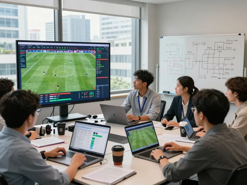 Nowgoal soccer analysts discussing live game statistics and strategies in a modern office.