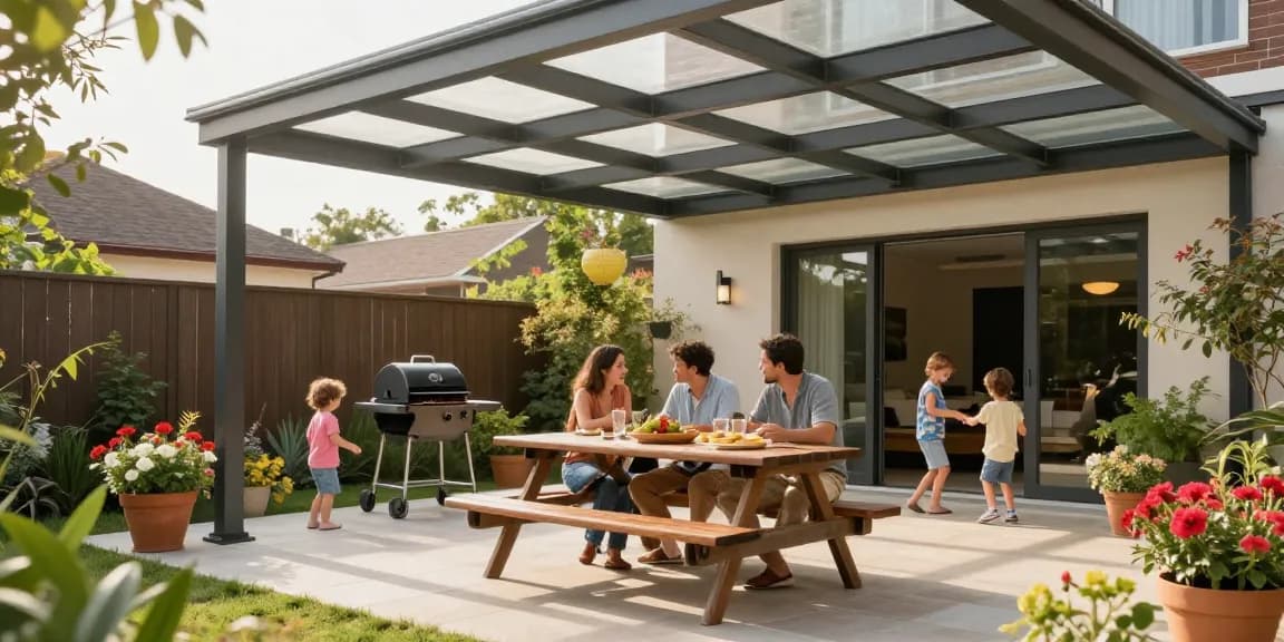 Gemütliche Terrasse mit Terrassenüberdachungen, Familie genießt den Sonnenschein und den Garten