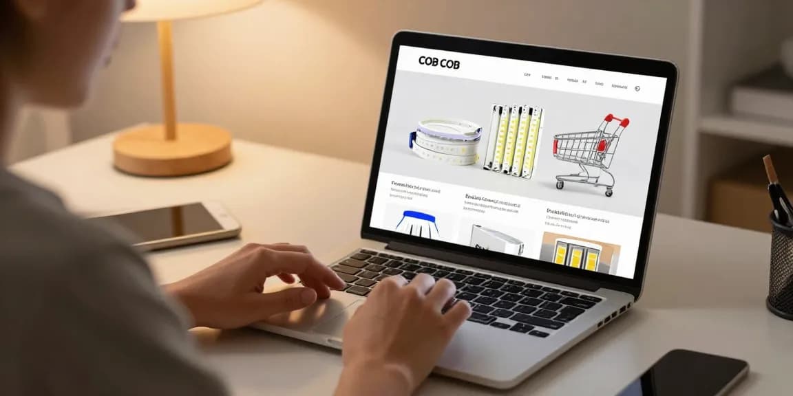 Femeie care navighează pe un site de e-commerce pentru benzi LED COB, descoperind cele mai bune oferte în shopping online.