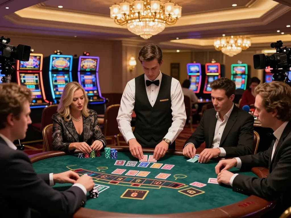 Engaged players at da88 blackjack table strategizing their bets in luxurious casino setting.